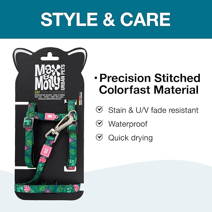 Max and Molly Adjustable Cat Harness and Leash Set - Escape-Proof Cat Harness with Leash for Outdoor Walking and Exploring, Soft Padded Double Stitched Fabric (Tropical)