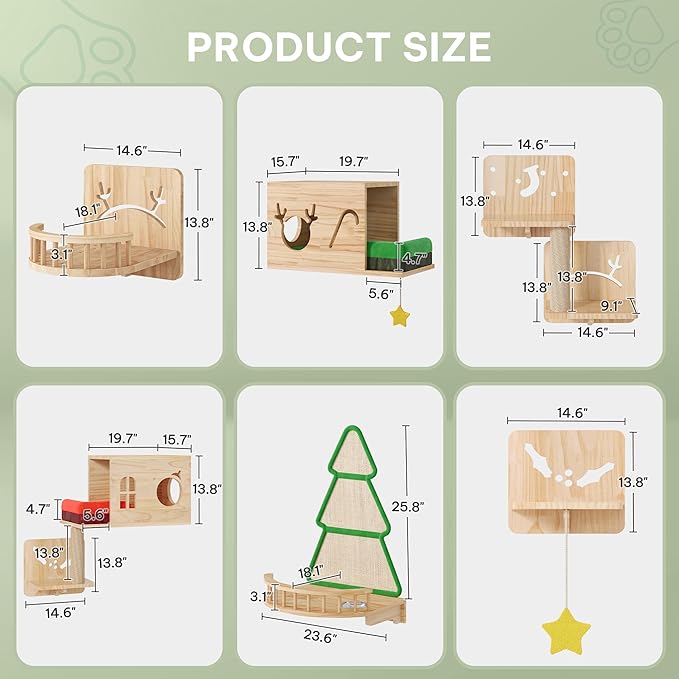 YITAHOME Christmas Solid Wood Cat Wall Shelves and Perches for Wall, Pine Wall Mounted Cat Tree 16 Piece Set, Cat Climbing Shelves with House, Mat, Christmas Tree Scratcher, Feeding Bowl for Cats