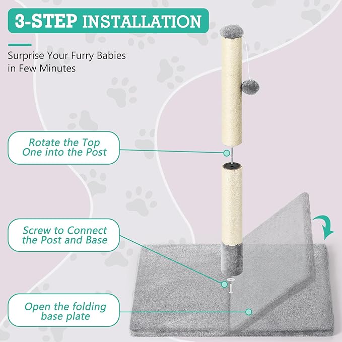 32" Tall Scratching Posts for Indoor Cats Adults Cat Scratchers with Interactive Hanging Toy Ball Cat Scratch Furniture Protector Scratcher Post with Stable Heavy Base, Light Grey