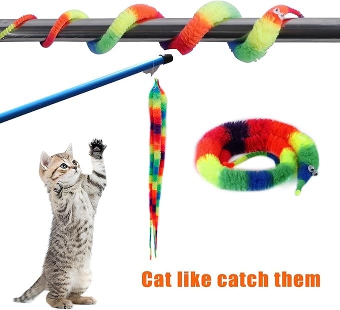 3 PCS Rainbow Fuzzy Worm Toys String Pets,Large Fuzzy Worms On String Bulk Trick Toy Party Favors for Kid Cat (19 Inch)