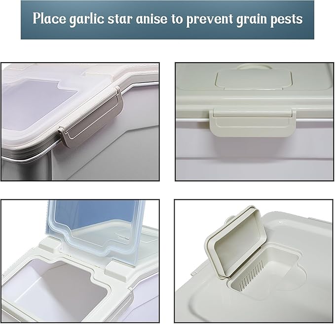 AnRui 2Pcs Airtight Flour Storage Containers 45LB, Large Rice Storage Container, Plastic Cereal Grain Dispenser Organizer Pet Dog Cat Food Storage Bin with Lid, with Measuring Cup, Scoop, Gray