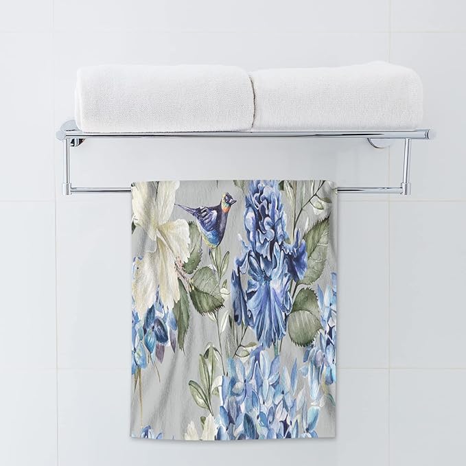 AOYEGO Blue Flower Hand Towels Green Leaf Spring Plant Flowers Hydrangea Hibiscus Iris Towel Highly Absorbent Soft Towel Kitchen Bath Decor for Women Men 15x30 Inch