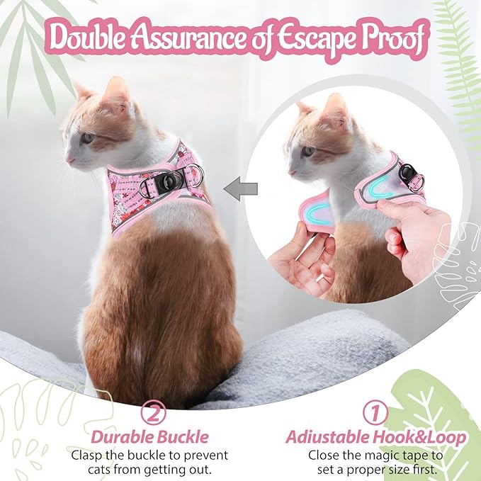 Cat Harness and Leash Escape Proof for Walking, Adjustable Soft Kitten Harness with Reflective Straps Step in Cat Vest Harness for Small Kitten and XS Dogs (Pink, XS-Chest(10.2"-11.8"))