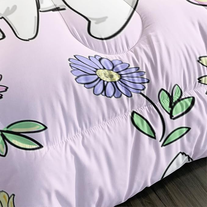 AILONEN Rabbit Comforter Set Full Size, Cute Bunny Bedding Set,Girls Kids Kawaii Comforter Set,Colorful Daisy Floral Duvet Set 3 Pieces, 1 Quilt and 2 Pillowcases
