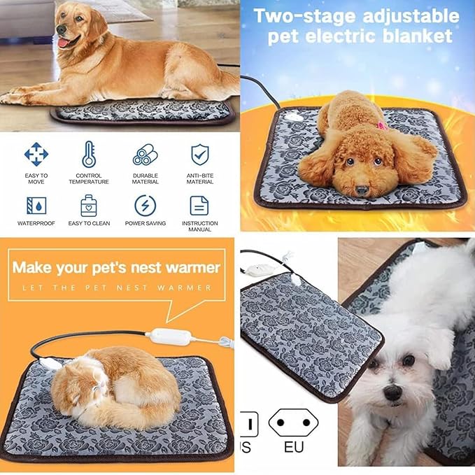 Pet Heating Pad with 3 Adjustable Temperature, Dog Cat Heating Pad with Chew Resistant Cord, Indoor Heated Mat for Dog House, Warming Heater Bed Pad for Outdoor Cat House, Waterproof, 17.7x17.7inch
