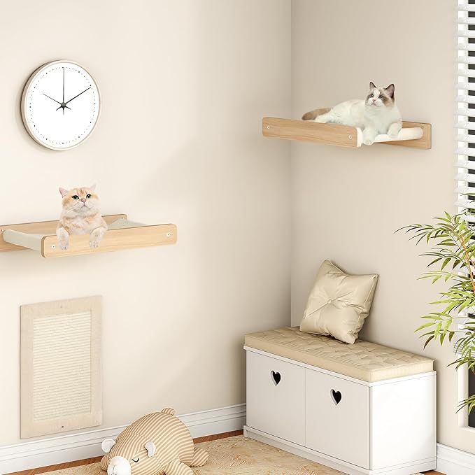 HOOBRO Cat Hammock, Cat Wall Bed with Soft Fabric, 15" L x 12.6" W, Wood Cat Wall Shelves, Easy to Install, Holds up to 40 lb, for Kitten, Medium and Large Cats, Natural NL01CS03