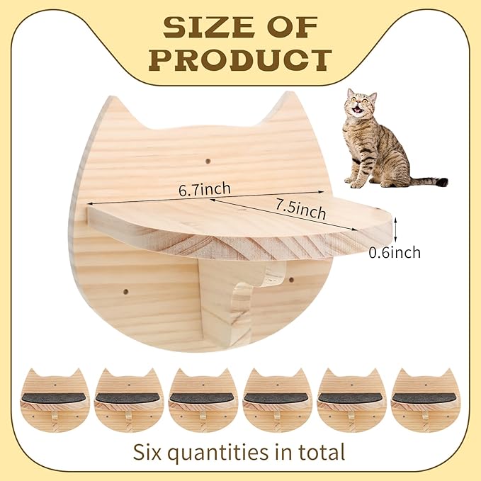 6 Pcs Cat Wall Furniture Wall Mounted Cat Wall Shelves with Scratching Mat Cat Stairs Cat Wall Steps Cat Ladder Cat Climbing Shelves Cat Perch Supplies for Cats Playing Climbing Indoor