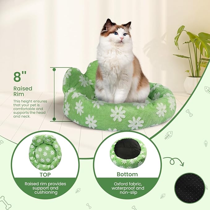Cat Bed & Dog Bed, Removable Cozy Soft Cat Bed Washable Round Cute Dog Bed with Jacquard for Small Medium Cats and Dogs, Green Flower M