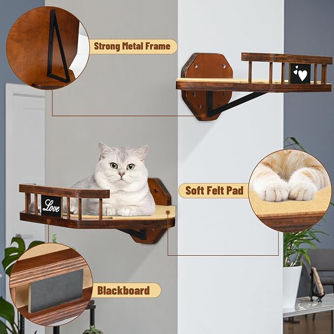 Cat Wall Furniture Wall Mounted, 2PCS Cat Shelves and Cat Perches for Wall with 3 Cat Wall Steps and Scratching Pad, Cat Wall Shelves Fit Cat Up to 15Lbs, Wood Cat Hammock Wall Mount (Brown)