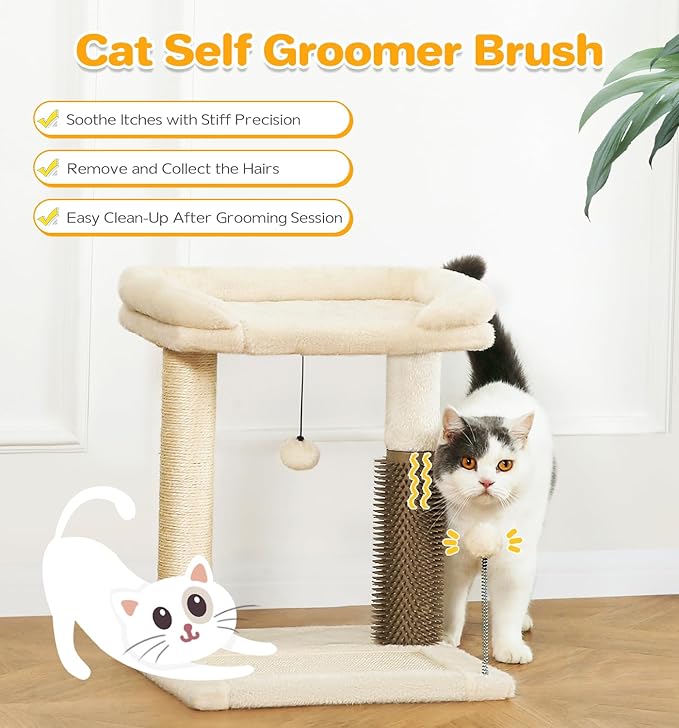 Made4Pets Small Cat Tree Tower, Cat Scratching Post 4-in-1 with Cat Self Groomer Brush, 20" Tall Natural Sisal Cat Scratcher, Soft Plush Cat Perch Bed with Dangling Ball for Indoor Kittens, Beige