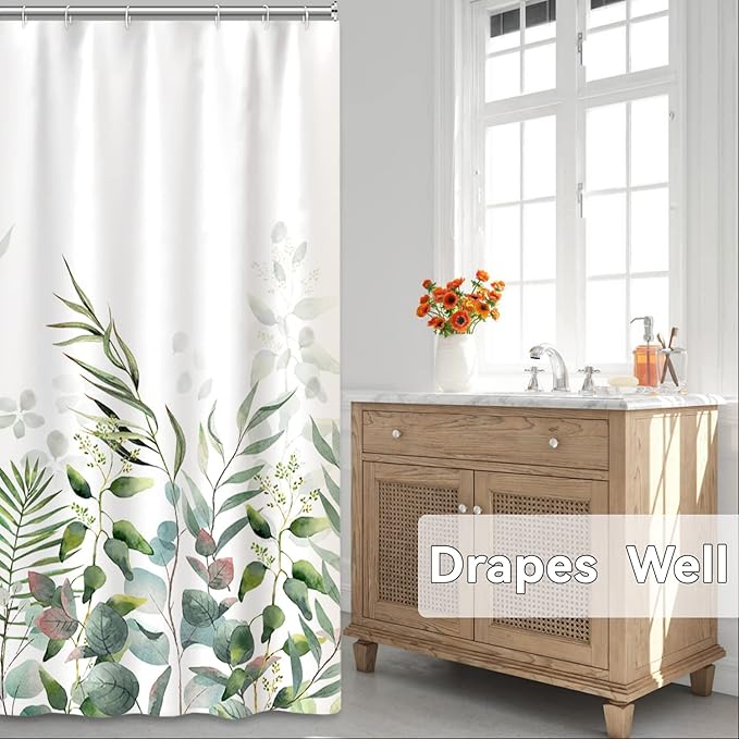 AWERT Shower Curtain Plants for Bathroom,Waterproof Quick-Drying Green Leaves Shower Curtain Set with Hooks 48x72 Inch