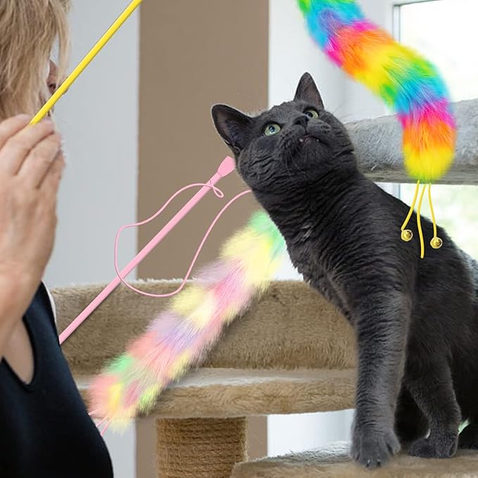 2 Pack Cat Wand Toy, Rainbow Cat Feather Toys with Bells, Cat Teaser Wand with Soft Furry Tail, Interactive Cat Toys for Indoor Cats & Kitten & Kitty
