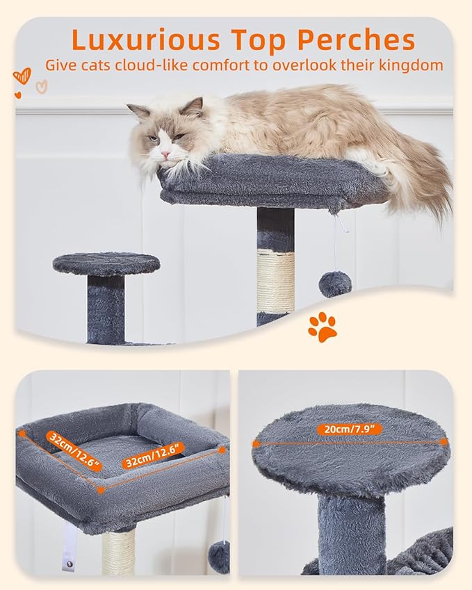 Taoqimiao Cat Tree, 48-Inch Cat Tower for Kittens, Cat Tree Tower with 5 Scratching Posts, Plush Cat Condo with Plush Perch, 2 Hammock, Pompoms, Smoky Gray MS019L-G