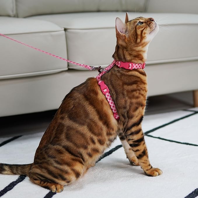 azuza Cat Harness and Leash Set for Safe Walking and Travel, Escape Proof Cat Harness, Lightweight Soft and Comfortable, Adjustable Kitten Harness for Small Medium Large Cats, Pink Plaid