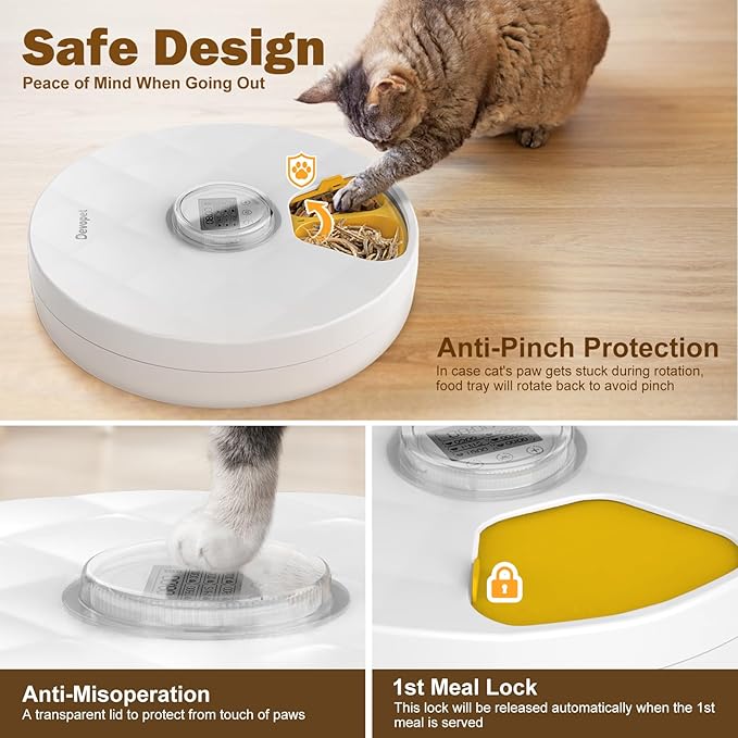 Automatic Cat Feeder Wet Food, 6 Meals Cordless Automatic Pet Feeder, Cat Food Dispenser with 4 Ice Packs, Dry & Wet Food Auto Feeder, Feeding Station for Cats and Dogs