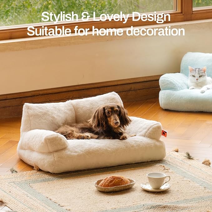 MEWOOFUN Cat Couch Bed for Indoor Cats, Washable Small Dog Beds for Medium Small Dogs & Cats up to 25 lbs, Fluffy Pet Beds with Non-Slip Bottom, 26×19×13 Inch (Beige)