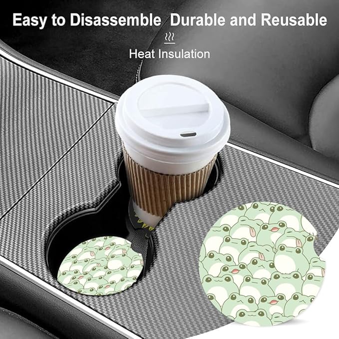 Absorbent Car Cupholder Coaster 2 Pack, Cute Car Coasters with a Finger Notch for Women & Men,2.56" Ceramic Stone & Non-Scratch Cork Base Drink Coasters, Cute Auto Accessories Gifts