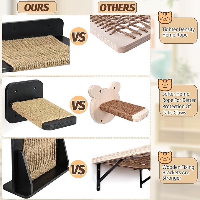 Cat Hammock Cat Wall Shelves with 3 Cat Wall Steps, Wall Mounted Cat Shelves and Perches with Hemp Rope Scratching, Cat Wall Furniture Climbing Shelves for Indoor Cats Set