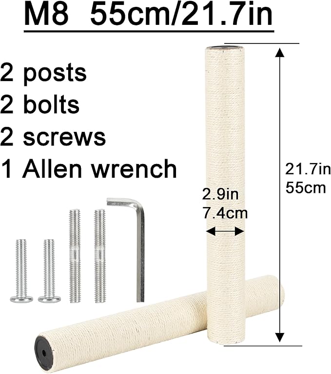 2.9in 7.4cm Diameter Cat Tree Scratching Post Replacement Sisal Pole Parts (M8, 55cm/21.7in)