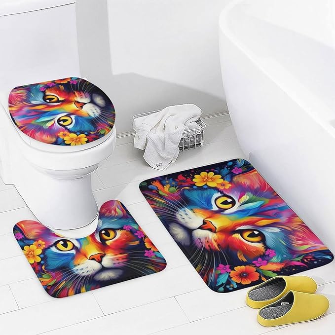 4Pcs Cool Watercolor Cat Shower Curtain Sets with Non-Slip Rugs, Toilet Lid Cover and U Shape Bath Mat, Abstract Flower Animal Bathroom Sets Waterproof Shower Curtains with 12 Hooks
