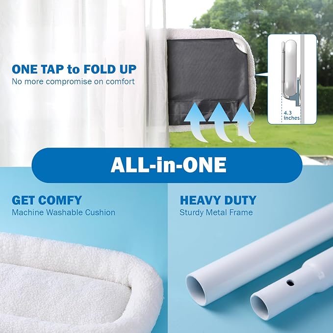 Foldable Cat Hammock for Window - Cordless, Embeded Machine Washable Bed, Robust Metal Frame - Cat Window Perch for Large Cats and Kittens (White Bolster Bed, Large)