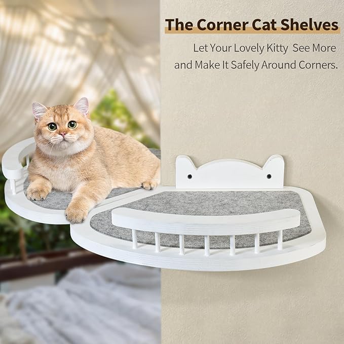 Cat Wall Shelves, Cat Shelves and Perches for Wall, Wood Cat Shelves Wall Mount, Cat Wall Furniture with 3 Cat Wall Steps Cat Scratch Post, Indoor Cat Climbing Shelf for Living Room, Bedroom (White)