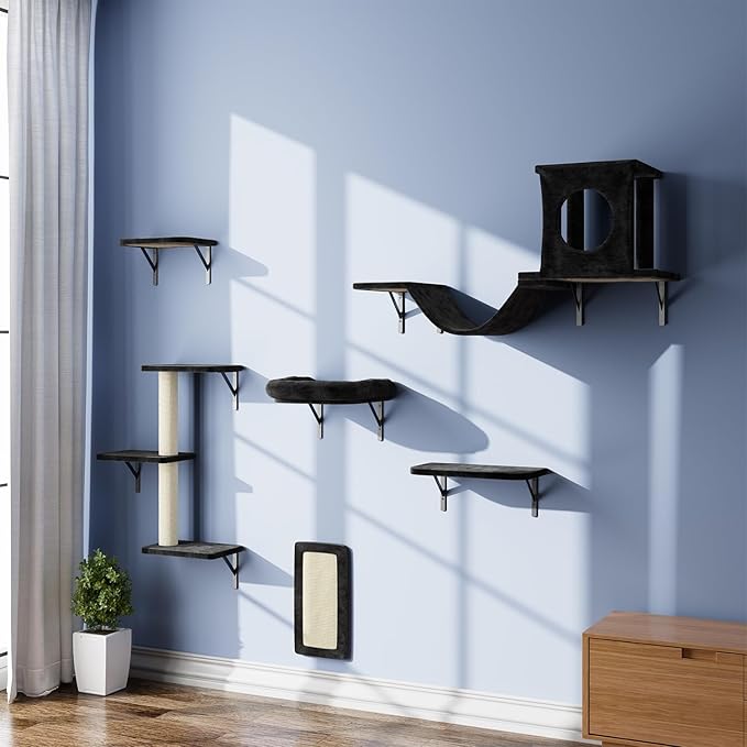 Wall Mounted Cat Furniture, 6pc Cat Wall Furniture, Cat Climber with Cat House, Bridge, Tree, Steps, and Scratcher, DIY Cat Walls Playground, Cat Shelves for Indoor Wall Furniture Set - Black