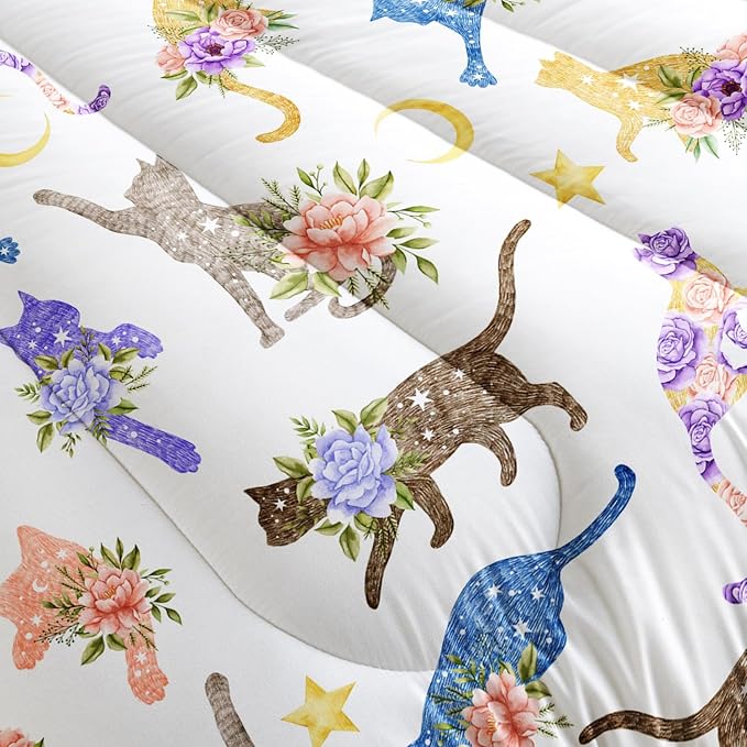 AILONEN Floral Cat Comforter Set Queen Size, 3-Piece Kids Soft Microfiber Kitted Bedding Set,Modern Shabby Chic Colorful Cat Comforter with 2 Pillowcases,Machine Washable