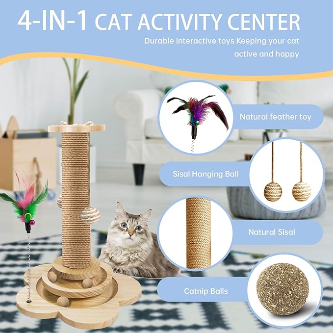 Wood Cat Scratching Posts, Cat Tree Scratching Post with Cat Interactive Toy, Easy Installation Cat Tower for Small Cat (18In)