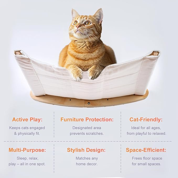 Cat Wall Shelves & Hammock Premium Durable Wood Construction Comfy Cat Beds for Large Cats & Kittens Ideal Indoor Cat Furniture for Climbing, Sleeping & Play (21 * 18.5 Inch Cotton Canvas)