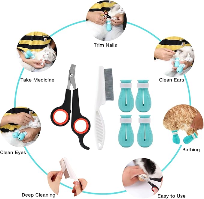 6Pcs Adjustable Silicone Cat Scratch Proof Boots with Pet Nail Clipper and Comb for Bathing and Grooming Feet Cover Cat Foot Cover for Home Pet Dog Ferret Rabbit Guinea Pig (Blue)