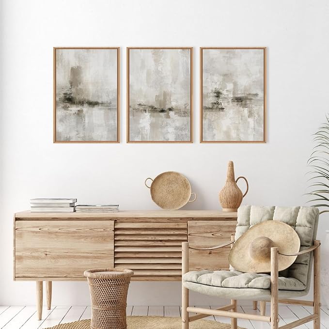 Abstract Neutral Textured Framed Canvas Wall Art Set, Modern Beige Wall Decor, Minimalist Brown Grunge Wall Painting, Black and White Art Print for Living Room, Bedroom, Office 24" × 36" × 3