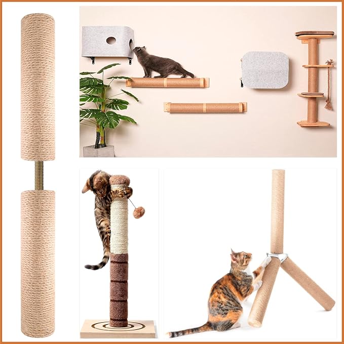 12 Inch Cat Scratching Post Replacement with M8 Screw Durable Cat Tree Scratch Post Refill Jute Rope for Cat Scratcher Climbing Perch Indoor Tower Furniture Scratching Tree Wall, Sisal, 2pcs