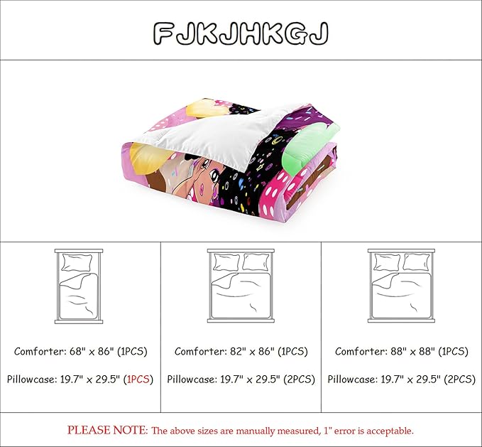 African American Girls Comforter Set Twin - Black Girl Comforter Set - Kids Comforter Sets for Girls Bedroom Decor Pink Donut Girl Pattern Prints 2 Piece Quilt Set with 1 Pillowcase