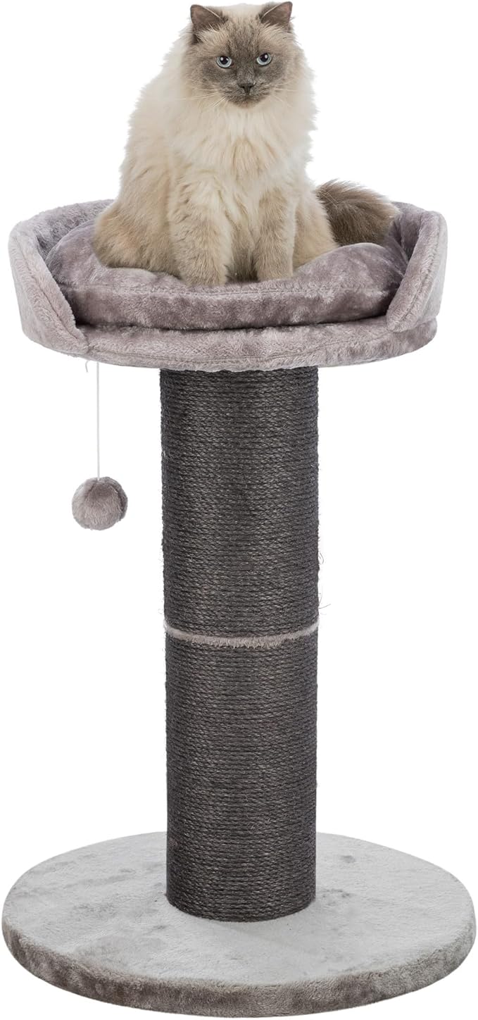 TRIXIE Pepino Cat Scratching Post 35 Inch - Cat Scratcher with Soft Fabric Covering Base and Durable Sisal Rope - with Platform Bed & Dangling Cat Toy - in Gray