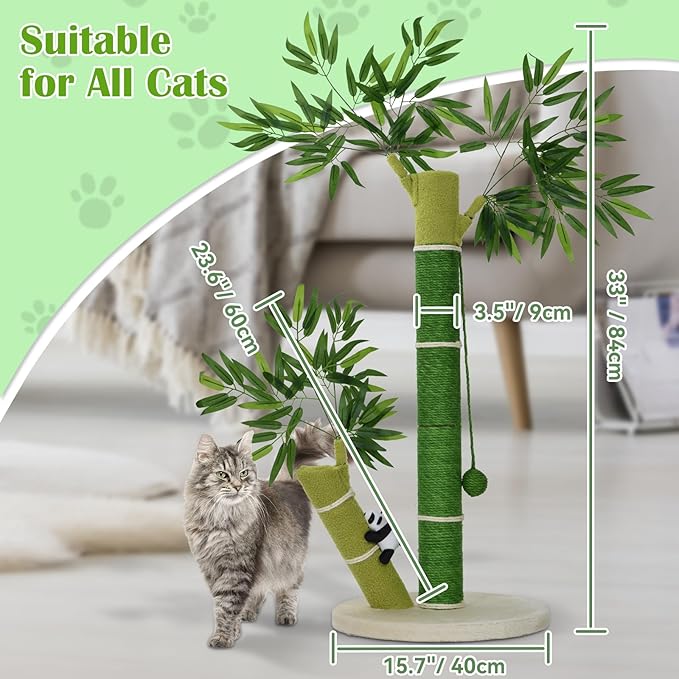 Cat Scratching Post for Large Cats and Kitten, 33 Inch Tall Nature Sisal Cat Scratchers for Indoor Cats with DanglingToy Ball and Cute 3D Panda Adult Cat Tree with Bamboo Shape for All Cats