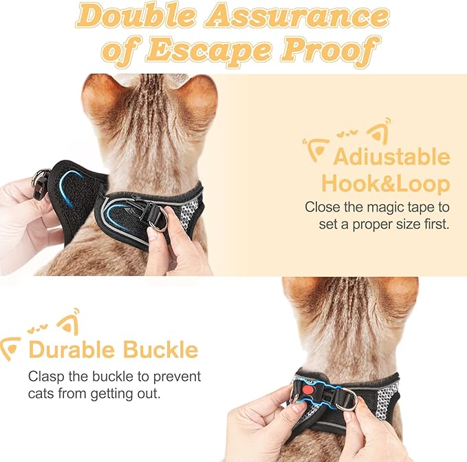 Cat Harness and Leash for Walking Escape Proof, Adjustable Kitten Vest Harness Reflective Soft Mesh Puppy Harness for Outdoor, Comfort Fit, Easy to Control (Gray, M)