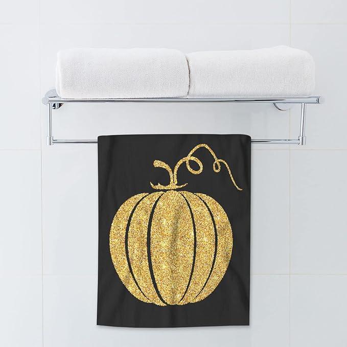 AOYEGO Gold Glitter Pumpkin Bath Towel Thanksgiving Day Halloween Autumn Festival Beach Bath Towels Soft Microfiber Yoga/Golf/Swim/Hair/Face Towels 15x30 Inch