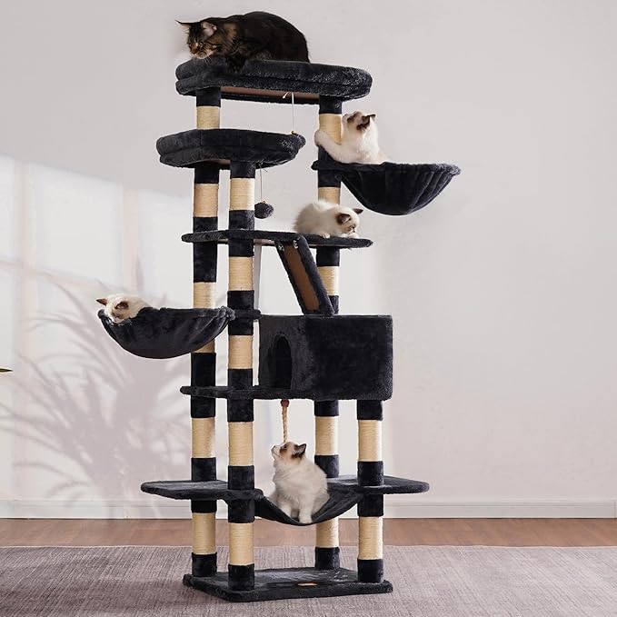 Heybly Cat Tree, 68 inch Multi-Level Cat Tower for Indoor Cats, 2 Widened Plush Perches Cat Condo with Scratching Board and Big Caves, Smoky Gray HCT025G