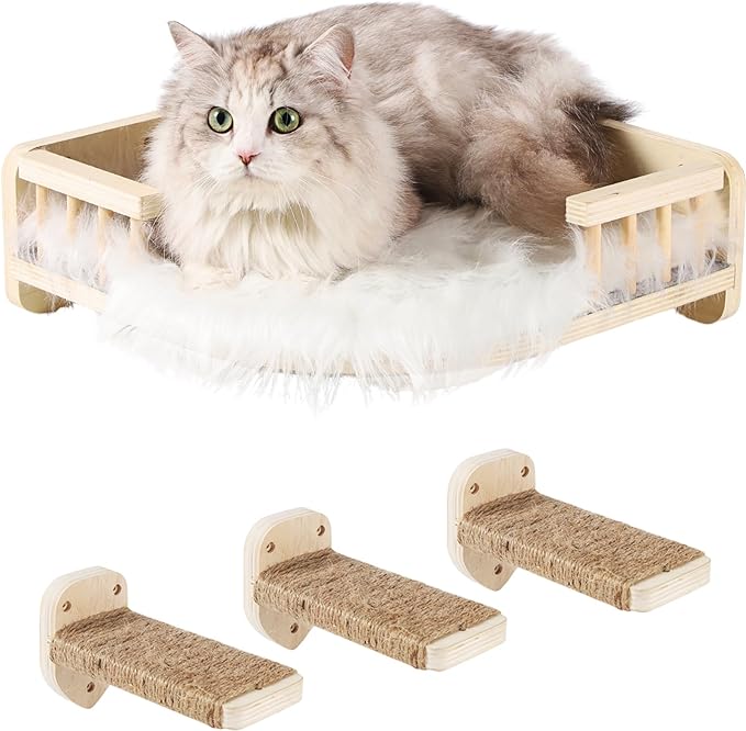 Cat Wall Shelves, Cat Shelves and Perches for Wall, Corner Cat Shelf, Cat Wall Furniture with 3 Steps Scratch Post, Cat Bed Hammock with Plush Covered, Climbing Shelf for Indoor Cats (Wood)