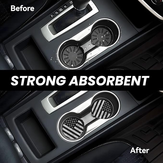 Absorbent Ceramic Car Coasters for Cup Holders, Black White American Flag Design 2.56" Anti Slip Universal Drink Cup Coasters for Women Men (2 Pack)