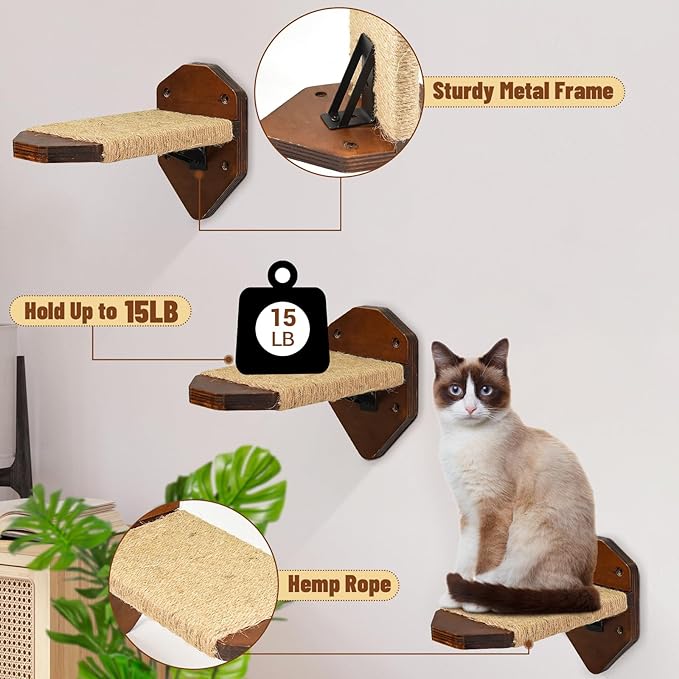 Cat Wall Furniture Wall Mounted, 2PCS Cat Shelves and Cat Perches for Wall with 3 Cat Wall Steps and Scratching Pad, Cat Wall Shelves Fit Cat Up to 15Lbs, Wood Cat Hammock Wall Mount (Brown)