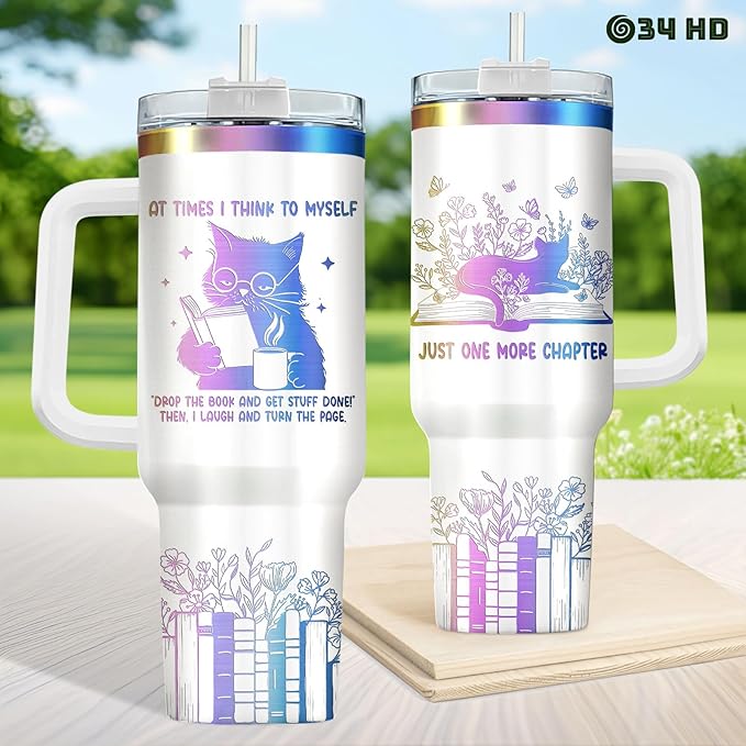 34HD Engraved Cat Mom Tumbler with Handle and Straw, 40oz Cute Gradient Book Cup Stainless Steel, Bookworm Coffee Mug, Cat and Book Birthday Gifts for Women Men Friends