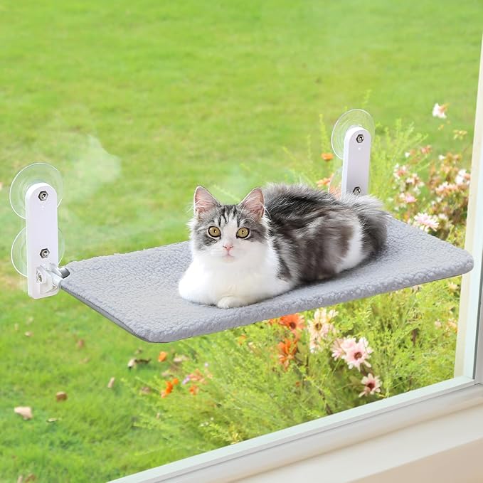 Easy Fold Cat Window Perch - Cordless, Fold-Up, Zip Closure Embeded Machine Washable Bed Cover, Robust Metal Frame - Cat Hammock for Window for Large Cats and Kittens (Gray, Medium)