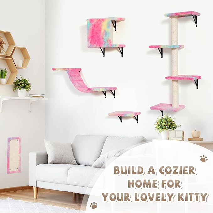 COZIWOW Cat Wall Shelves, Wall-Mounted Cat Climber Set of 5, Floating Cat Perches, Hanging Cat Beds, Modern Cat Furniture for Large Cats or Kitty (Colorful)