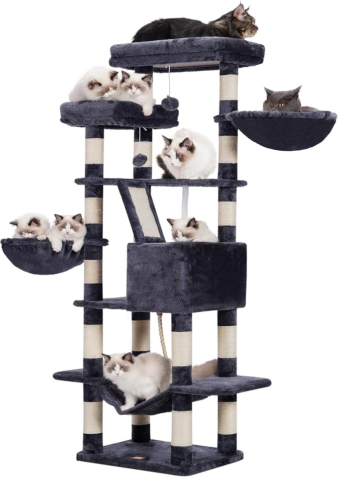 Heybly Cat Tree, 68 inch Multi-Level Cat Tower for Indoor Cats, 2 Widened Plush Perches Cat Condo with Scratching Board and Big Caves, Smoky Gray HCT025G