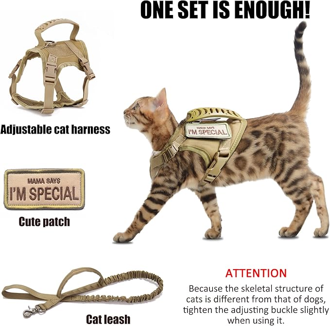 Tactical Cat Harness for Walking Escape Proof, Adjustable Pet Vest Harness, Soft Mesh with Control Handle for Large Cat Small Dog, Gift with Patch