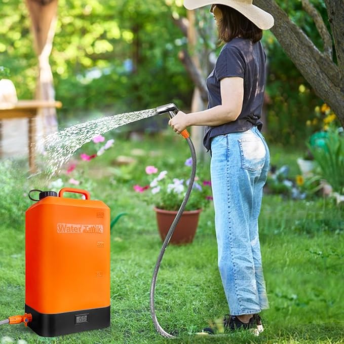 B. TAWD 4.5 Gallon Silicone Water Tank, Portable Camping Shower, USB Battery Charging, Solar Heating, with Shower Head, Electric Portable Outdoor Shower, Built-in Thermometer, Beach, Camping, Hiking