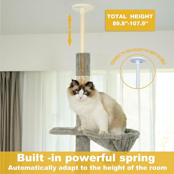 Floor to Ceiling Cat Tree, 5-Tier Height (86-109 inches) - Adjustable Cat Climbing Tower with Sisal Scratching Posts, Hammock, Platforms, and Hanging Balls