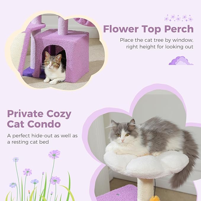 PETEPELA Flower Cat Tree for Indoor Cats, 32'' Small Cat Tower Cat Condo with Sisal Scratching Ramp, Cozy Hammock and Removable Flower Bed Perch for Kittens, Purple